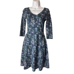 Pact Floral Fit and Flare Organic Cotton Stretch 3/4 Sleeves Cottage Dress XS